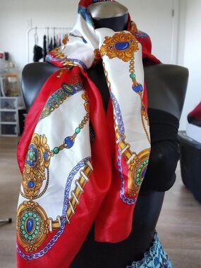 Berkshire Silk Scarf - Red & White Baroque Print